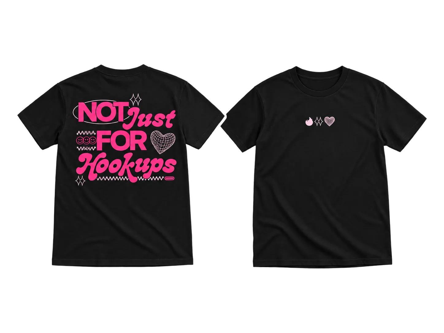 Front and back of the black Tinder tee with pink Not Just for Hookups artwork