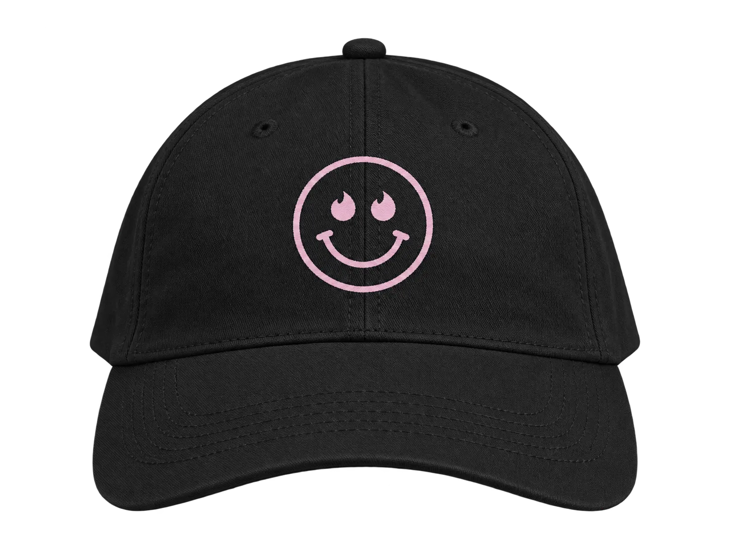 Black Tinder dad cap with a pale pink flame-eye smiley face