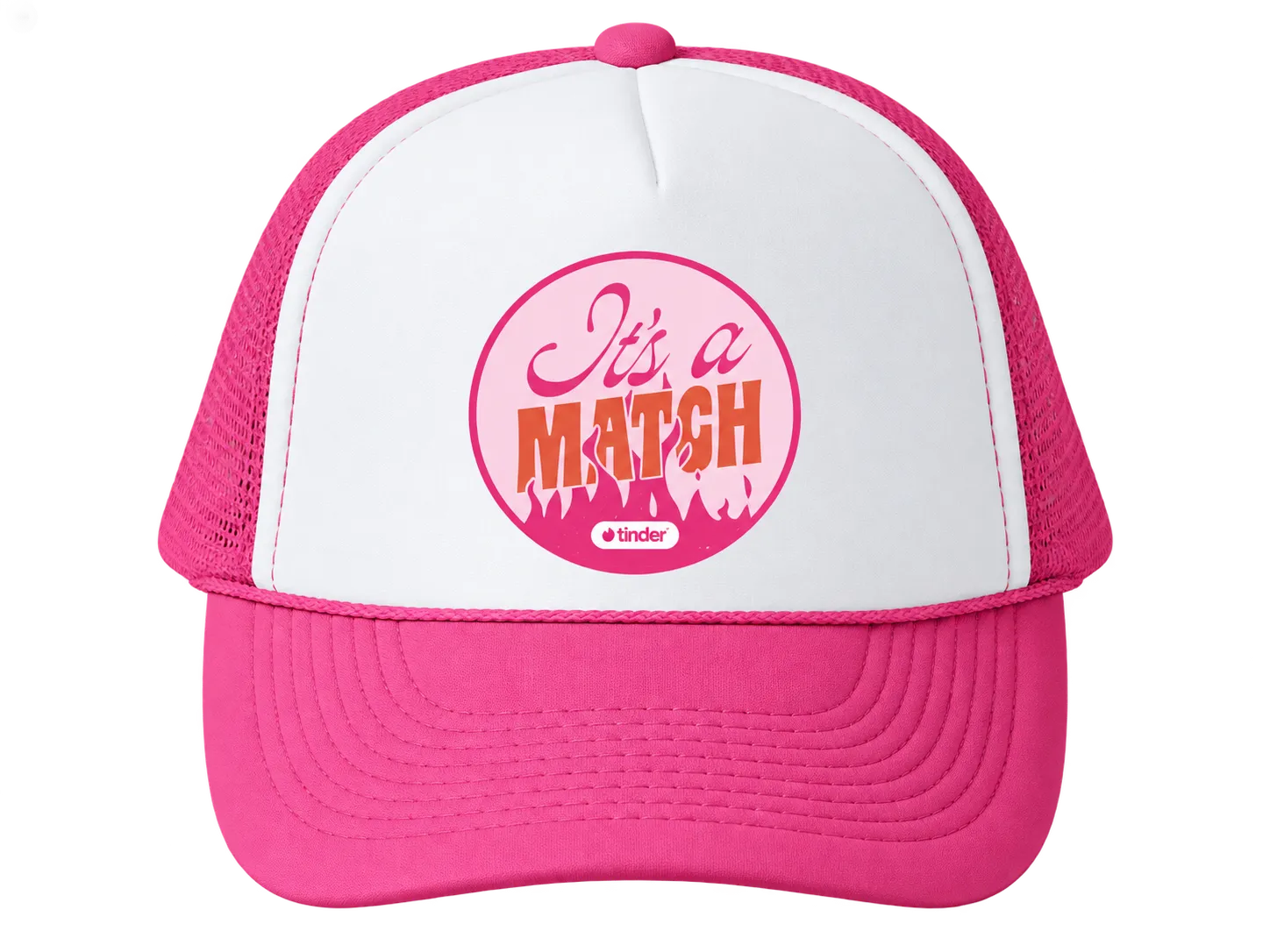 Pink-and-white Tinder trucker hat with Its a Match lettering