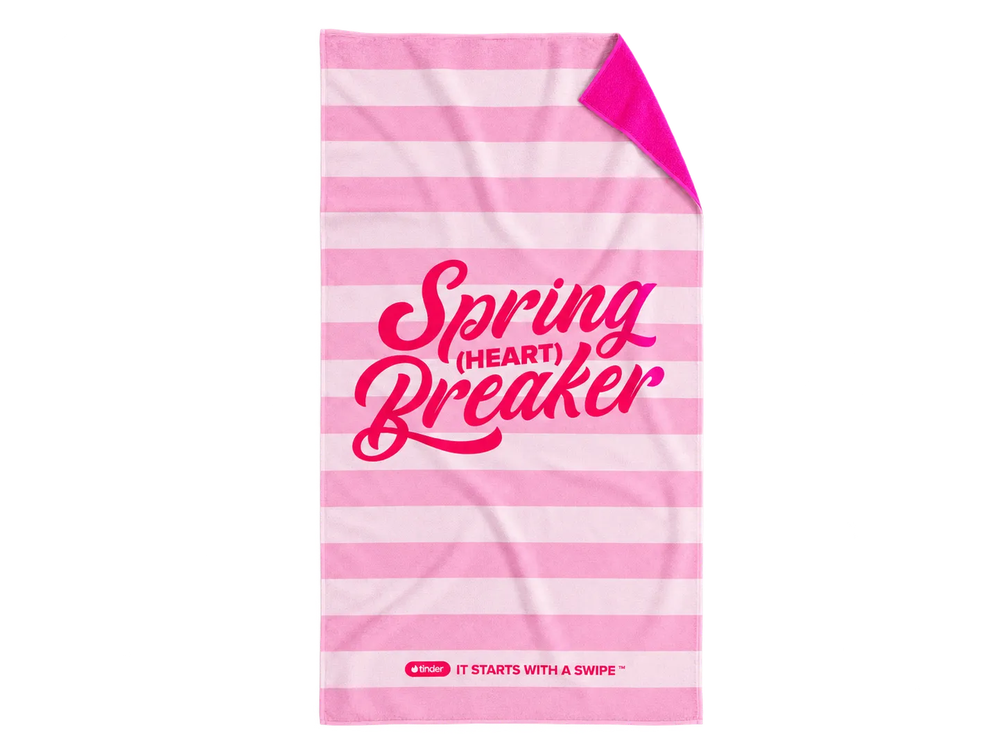 Pink horizontally striped Tinder beach towel with Spring Heart Breaker and It Starts with a Swipe artwork