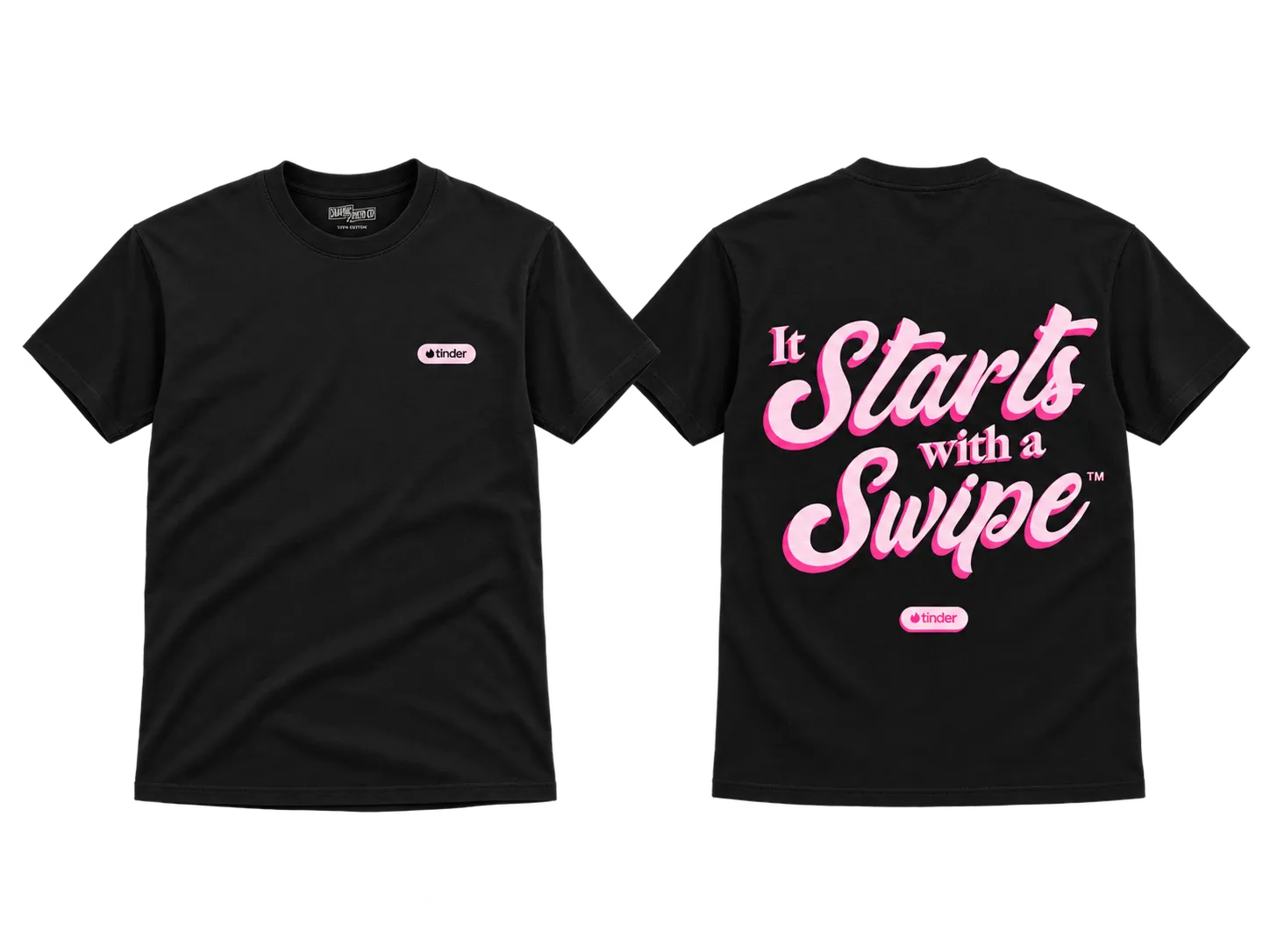 Black Tinder event tee with small chest logo and It Starts with a Swipe script on the back