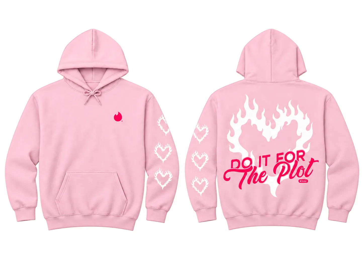 Pink Tinder hoodie front and back with Do It for the Plot lettering and white flaming-heart artwork