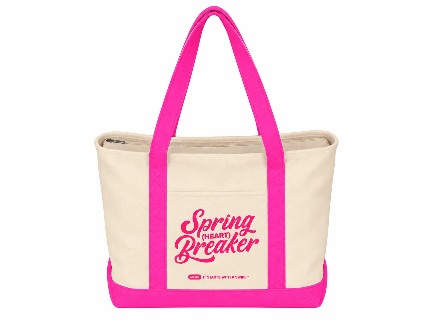 Cream Tinder tote with pink handles and Spring Heart Breaker artwork