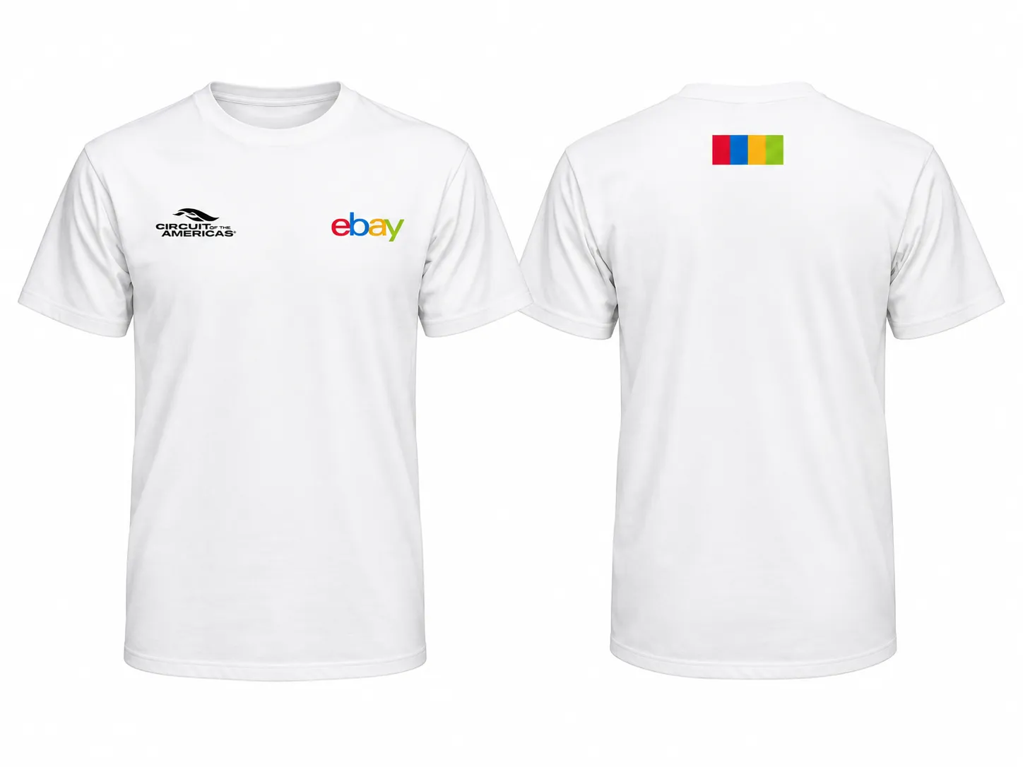 Front and back of the white eBay and Circuit of the Americas tee, with four color bars on the upper back