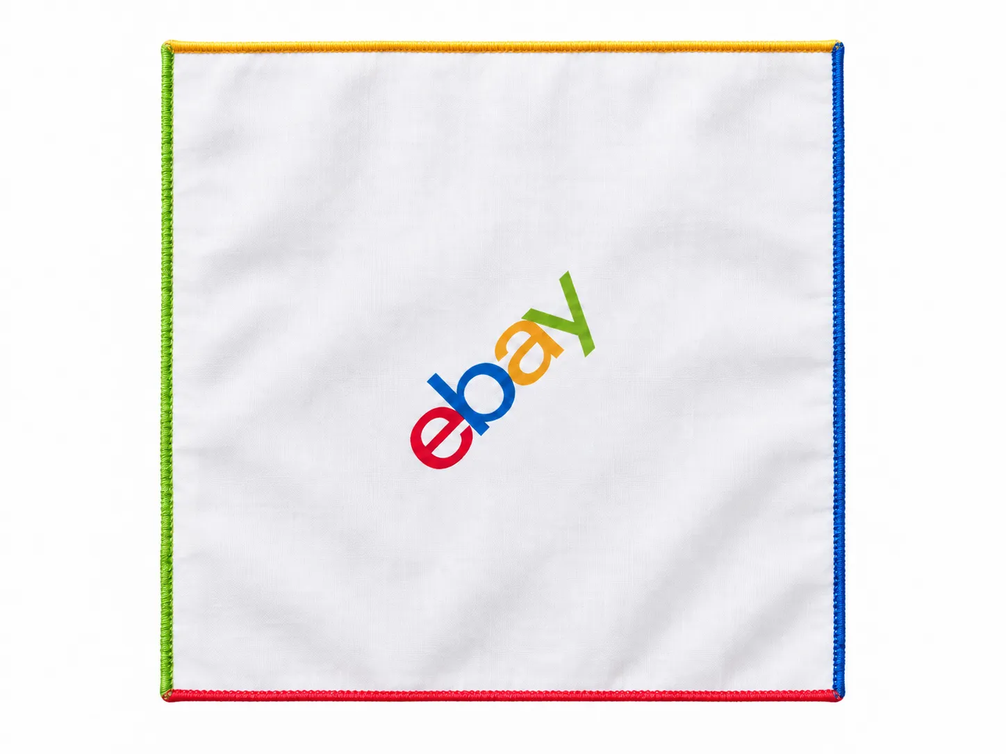 White eBay pocket square with a diagonal logo and fine yellow, blue, red, and green edges