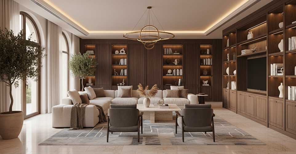 Elegant Dubai living space showing considered material selection and furniture layout.