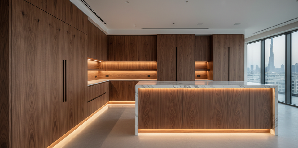 Turnkey kitchen fit out in Dubai with coordinated finishes and lighting.