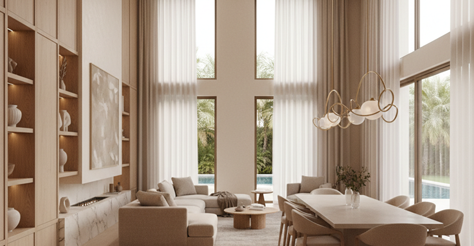 Luxury living room interior design in a Dubai home with neutral tones and layered lighting.