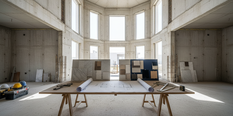 Interior designer’s drawings and material samples laid out on a Dubai fit out construction site