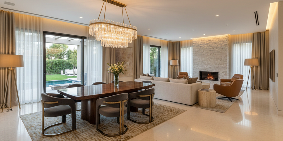Elegant dining and living area completed in a Dubai villa interior design project