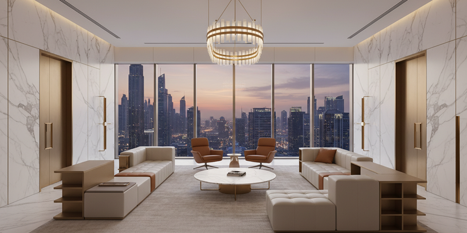 Marble-finished living room with city views in a high-end Dubai interior project