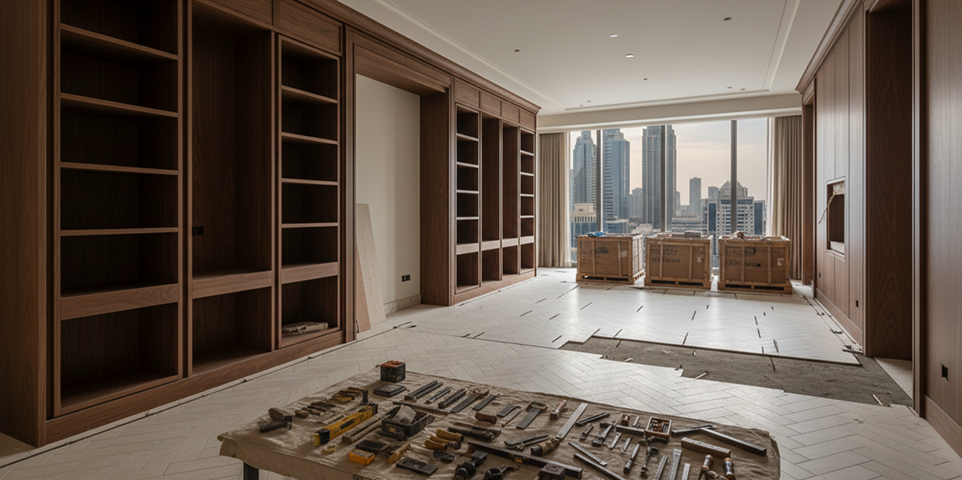 Custom joinery installation during a Dubai villa renovation site visit