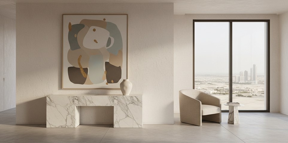 Timeless minimalist living room with a marble console and city views in a Dubai apartment