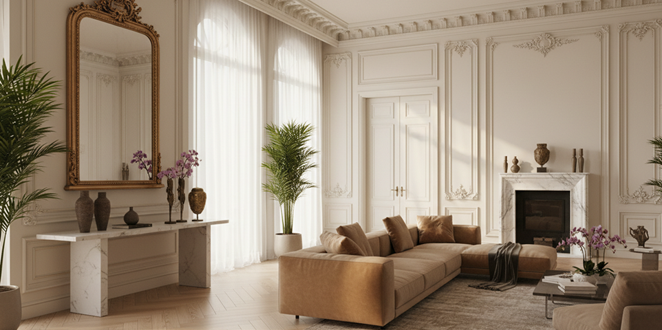 Interior mixing classic architectural detailing with modern furniture in a Dubai home