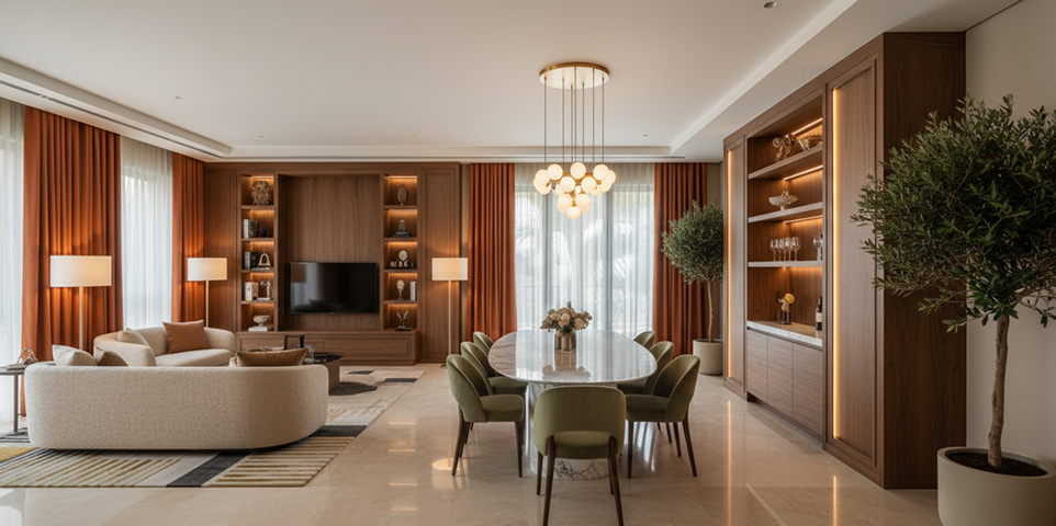 Elegant open living and dining space in a refined Dubai home interior
