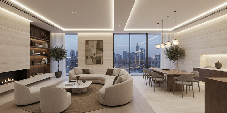 Open-plan living and dining area with a cohesive material palette in a Dubai residence