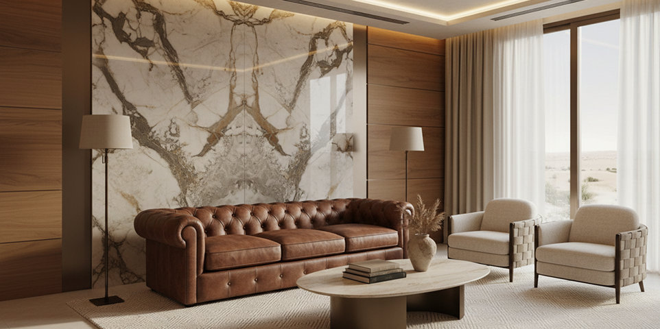 Refined living room blending a marble feature wall with a classic leather sofa in Dubai