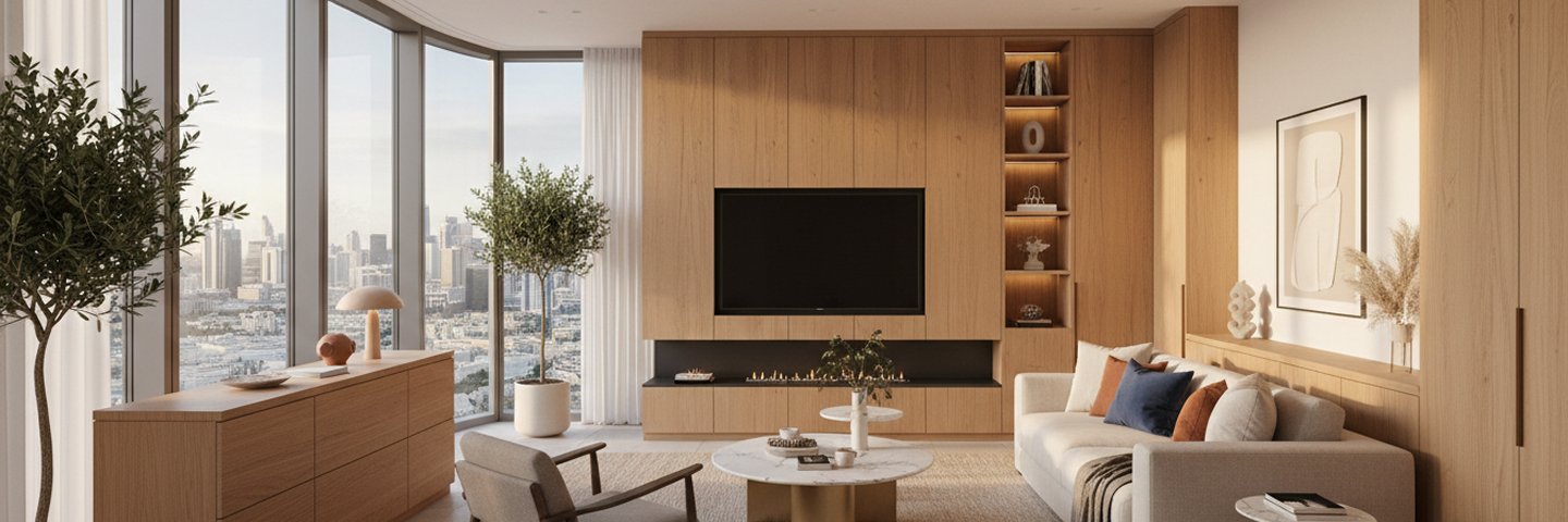 Finished-looking contemporary living room with built-in joinery in a Dubai apartment