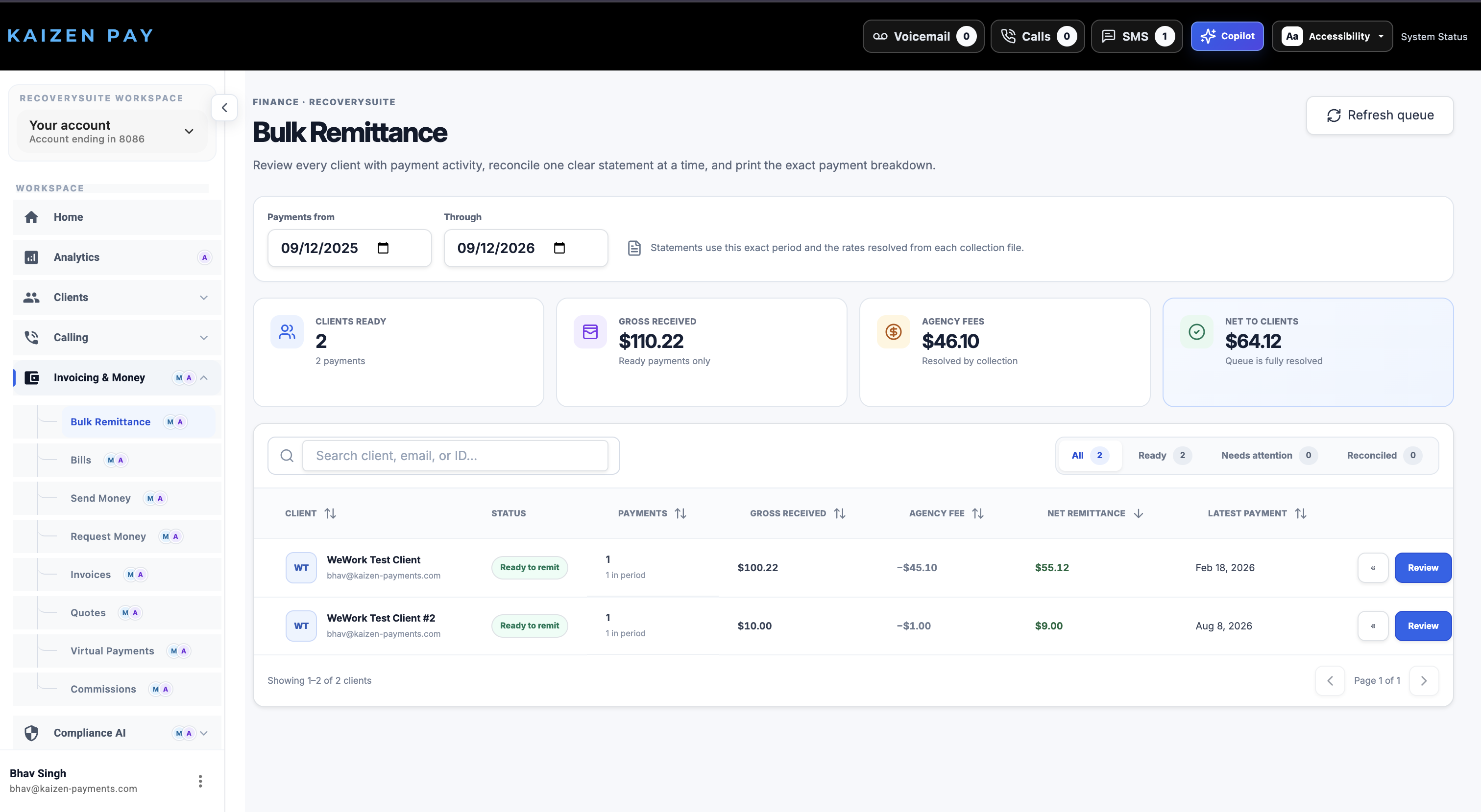 Original RecoverySuite bulk remittance dashboard