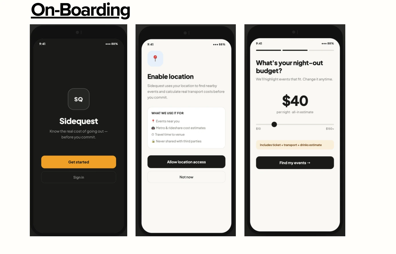 Original earlier high-fidelity SideQuest onboarding, location permission and budget screens