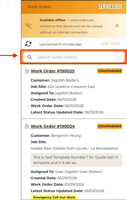 ServiceBox Offline Mode showing saved work orders while the technician is offline.