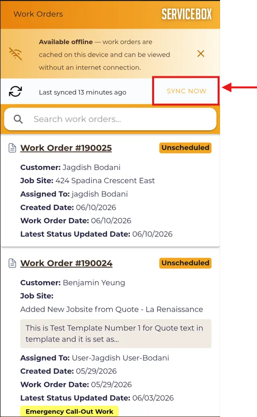 ServiceBox work orders showing a recent sync and the Sync Now option.