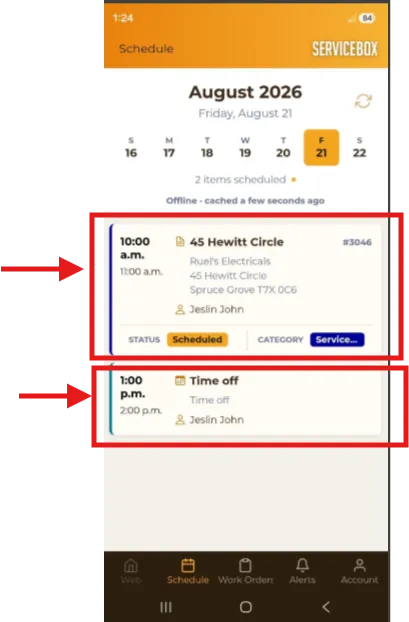 ServiceBox schedule showing technician work orders and events for the current week.