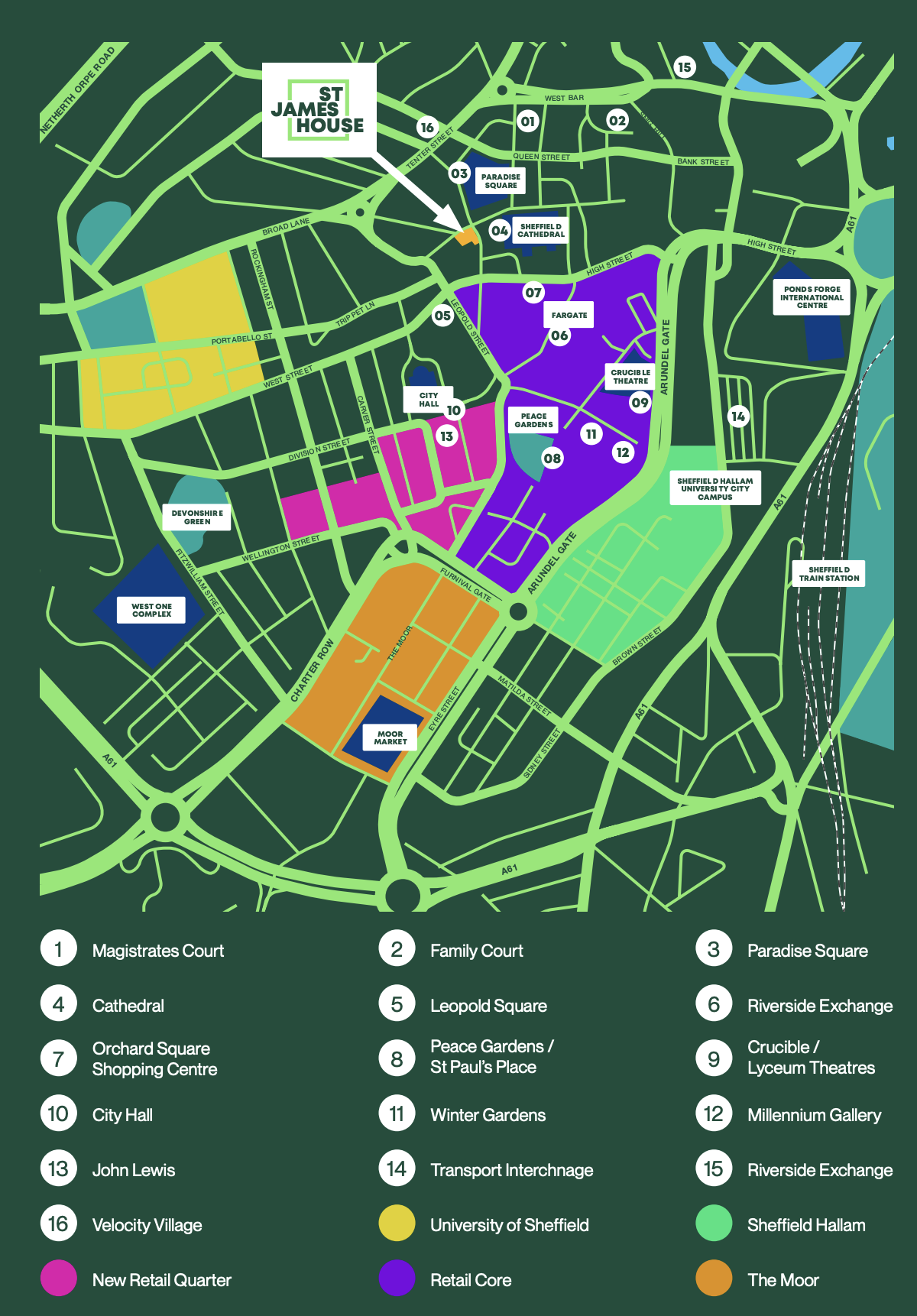 Illustrated map showing St James House and key destinations across Sheffield city centre