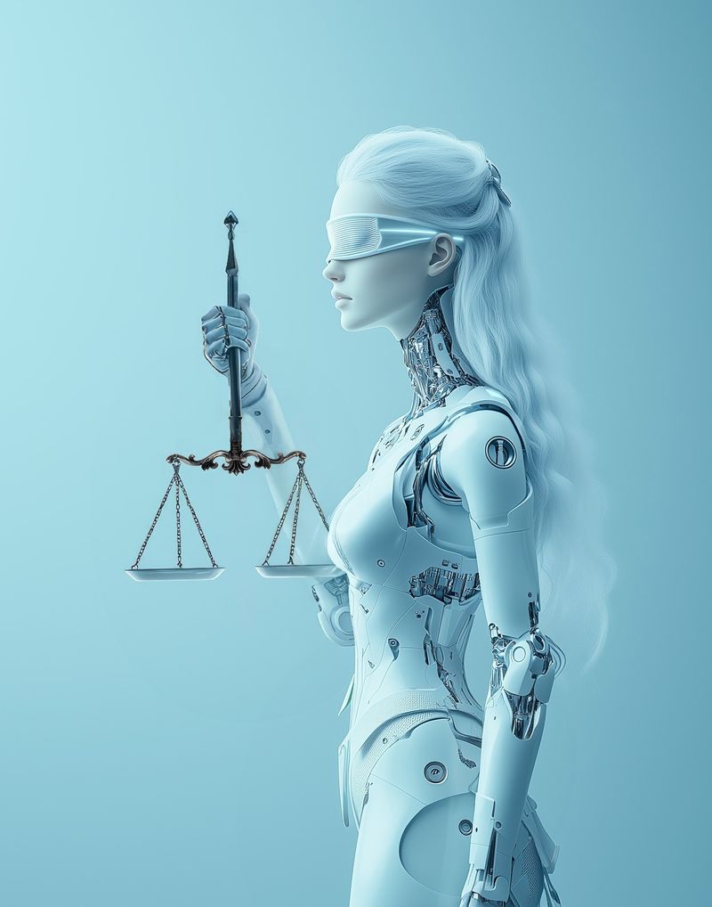 Justitia als digitale Figur mit Waage