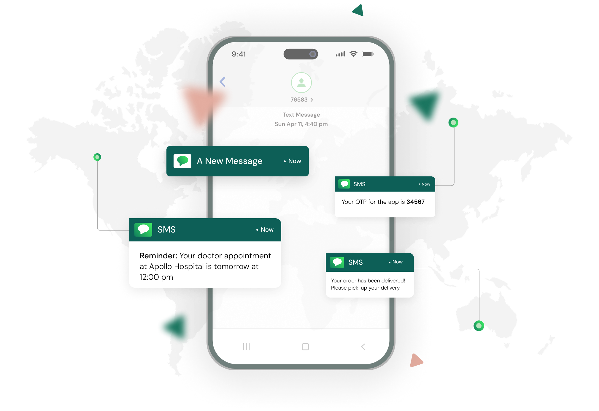 Illustration of OTP, appointment and shipping messages on a phone