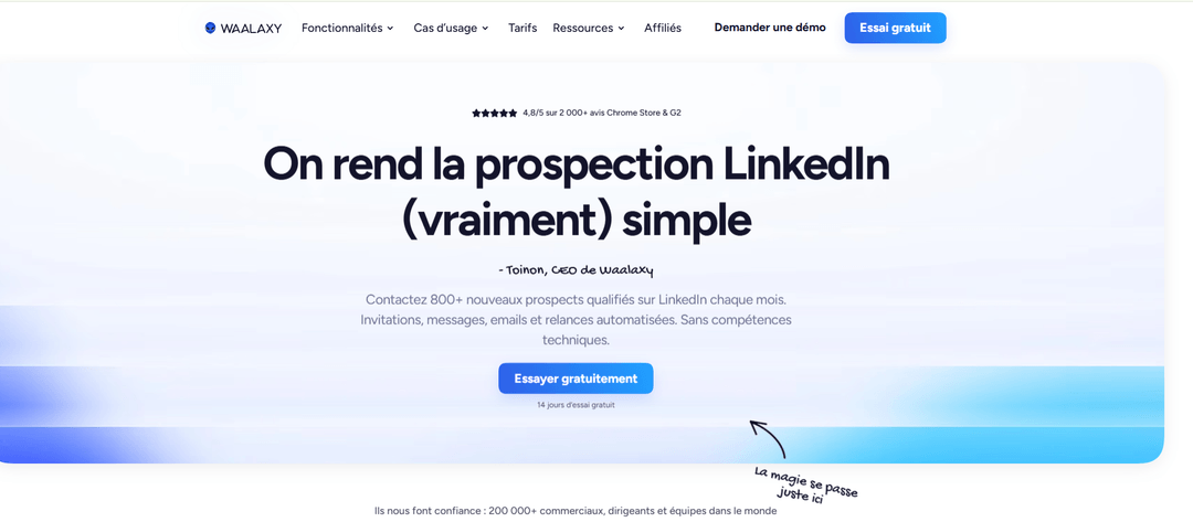 Waalaxy homepage presenting its prospecting automation extension