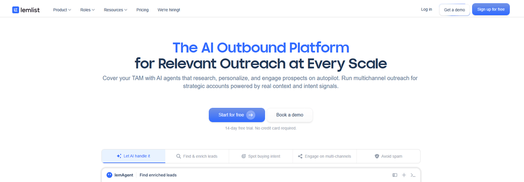 Lemlist homepage presenting its multichannel outreach platform