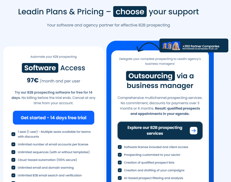 LeadIn pricing page showing the single software plan at 97 euros per user per month