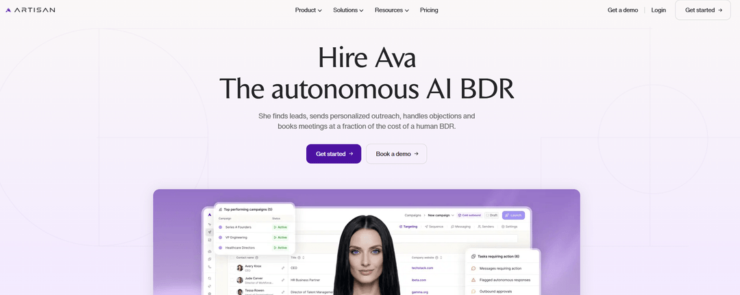 Artisan homepage presenting Ava, its AI BDR agent