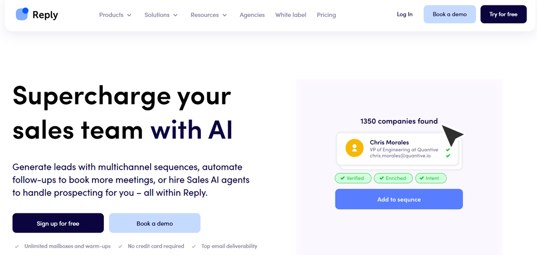 Reply.io homepage presenting its multichannel sales engagement platform