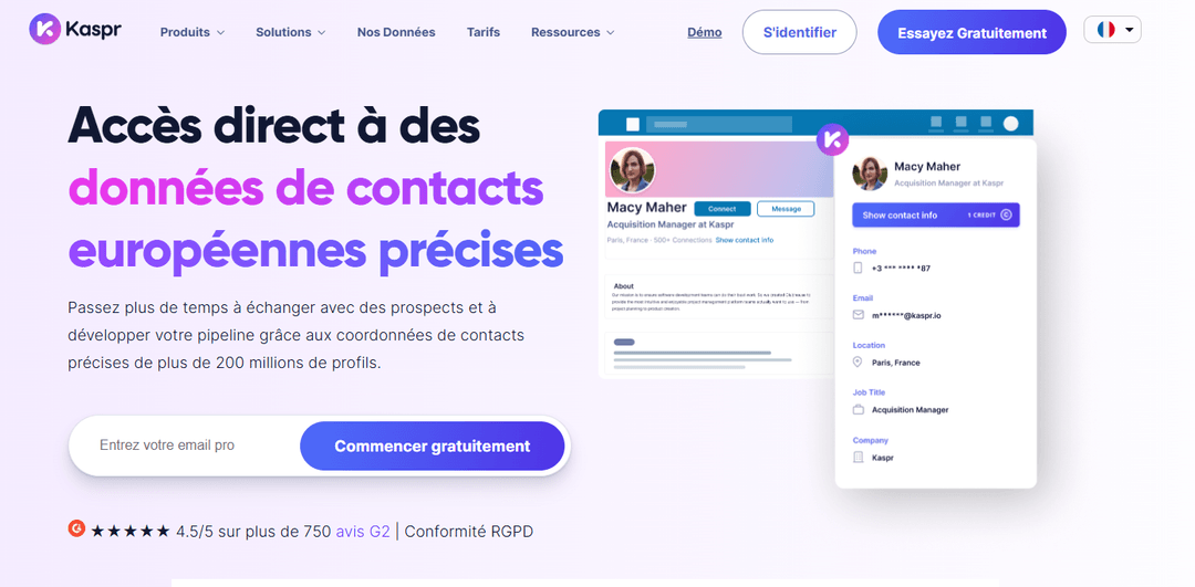 Kaspr homepage presenting European contact data in the browser