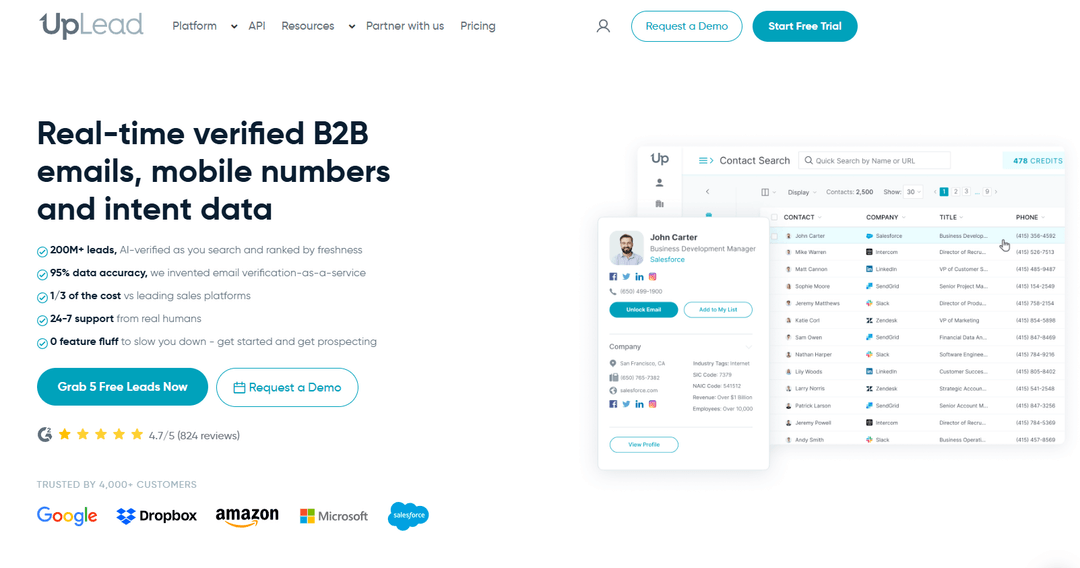 UpLead putting its verified-on-reveal guarantee front and center