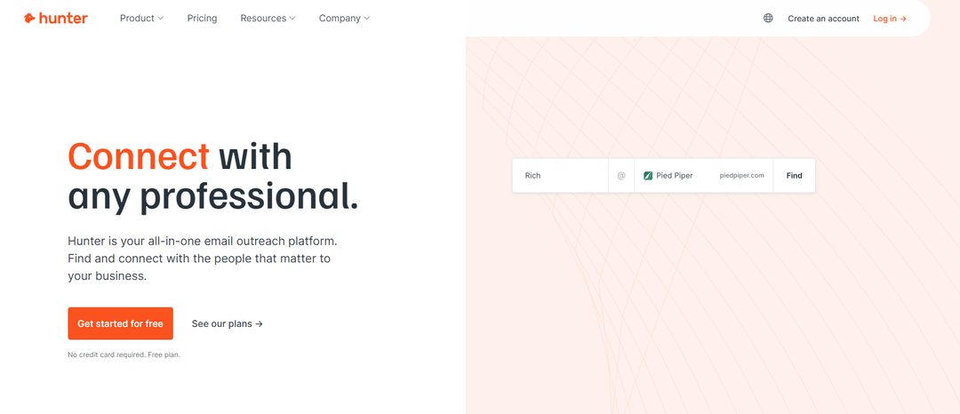 Hunter homepage presenting email finding and verification