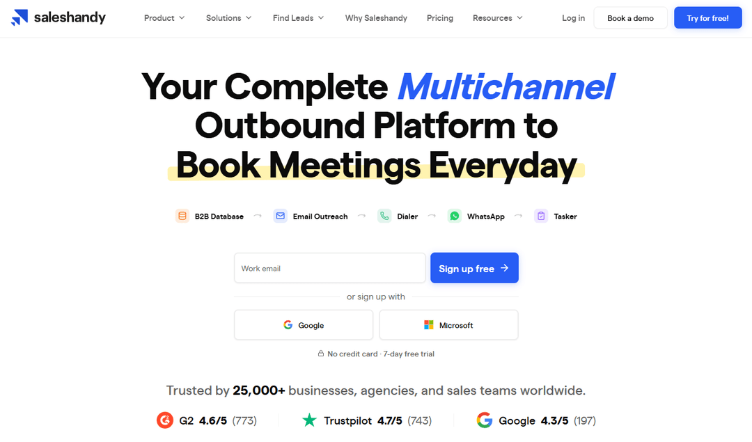 Saleshandy homepage presenting its database and sequencing platform