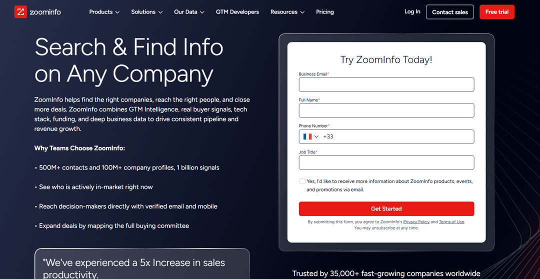 ZoomInfo homepage presenting its go-to-market intelligence platform