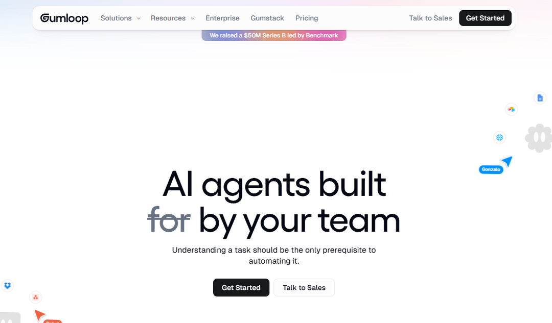 Gumloop home page built around a drag-and-drop canvas for AI workflows