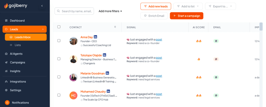 Gojiberry leads inbox listing prospects with the detected buying signal, the matched keyword and an AI score on each row