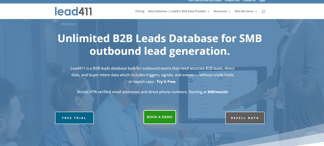 Lead411's site advertising an unlimited B2B database with triggers and intent data