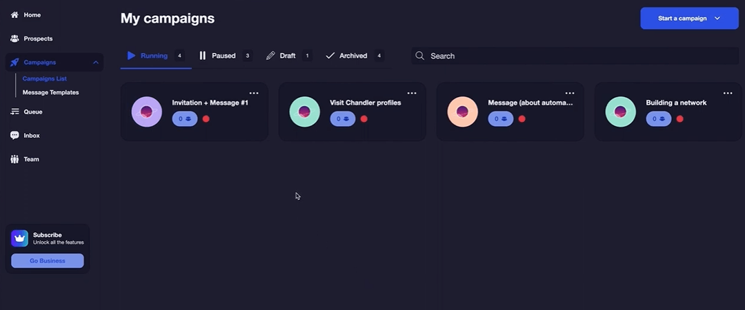 Waalaxy sorts campaigns into running, paused, draft and archived, one card per sequence