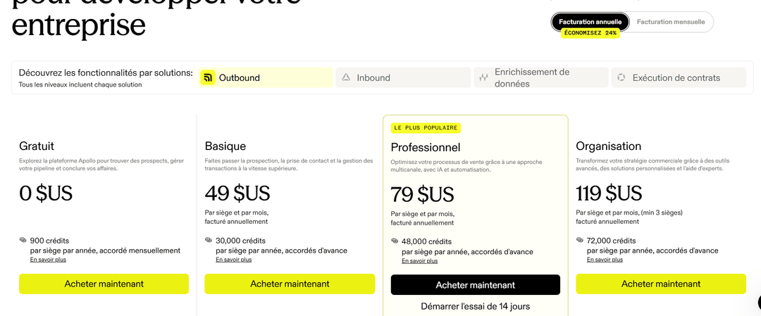The Apollo pricing page showing the Free, Basic, Professional and Organization tiers