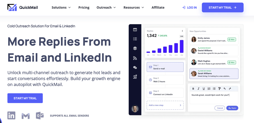 The QuickMail interface with unlimited senders, LinkedIn accounts and users on every plan