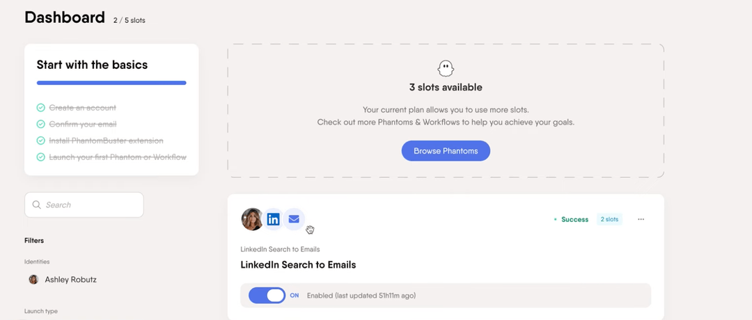 PhantomBuster dashboard listing two of five slots used and one profile-to-email automation running