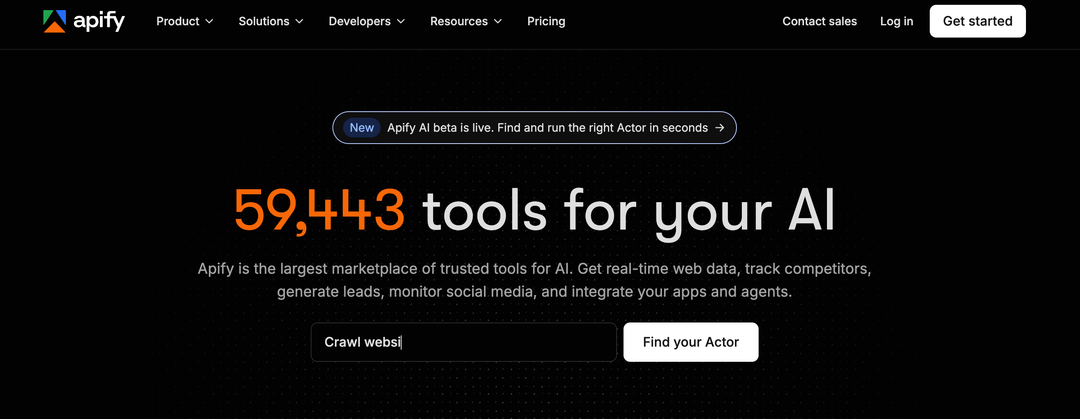 Apify announcing a marketplace of more than 59,000 tools with a crawl field ready for a URL