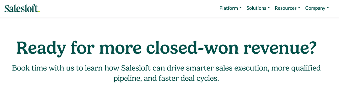 Salesloft home page opening on a closed-won revenue headline above an invitation to book time with the team