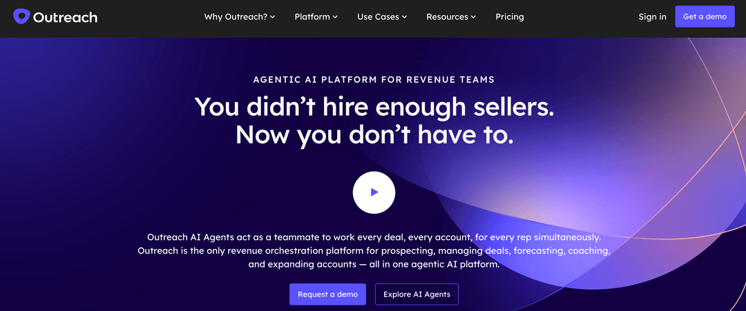 Outreach home page describing the product as an agentic AI platform for revenue teams